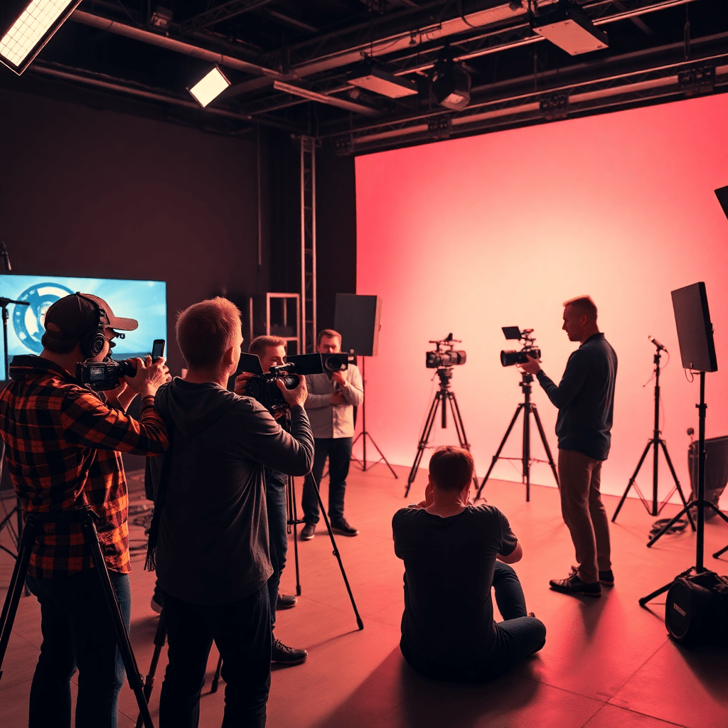 creative team filming video content in modern studio with professional cameras and lighting equipment, vibrant and energetic atmosphere
